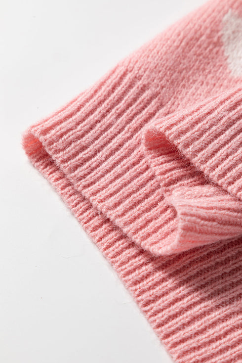 Heart Jacquard Button Front Ribbed Trim Drop Shoulder Cardigan